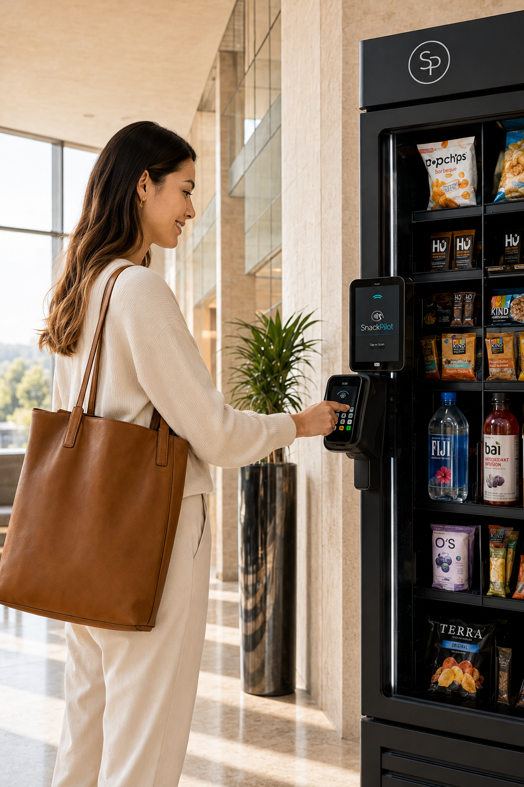 Resident tapping to pay at a SnackPilot smart vending machine