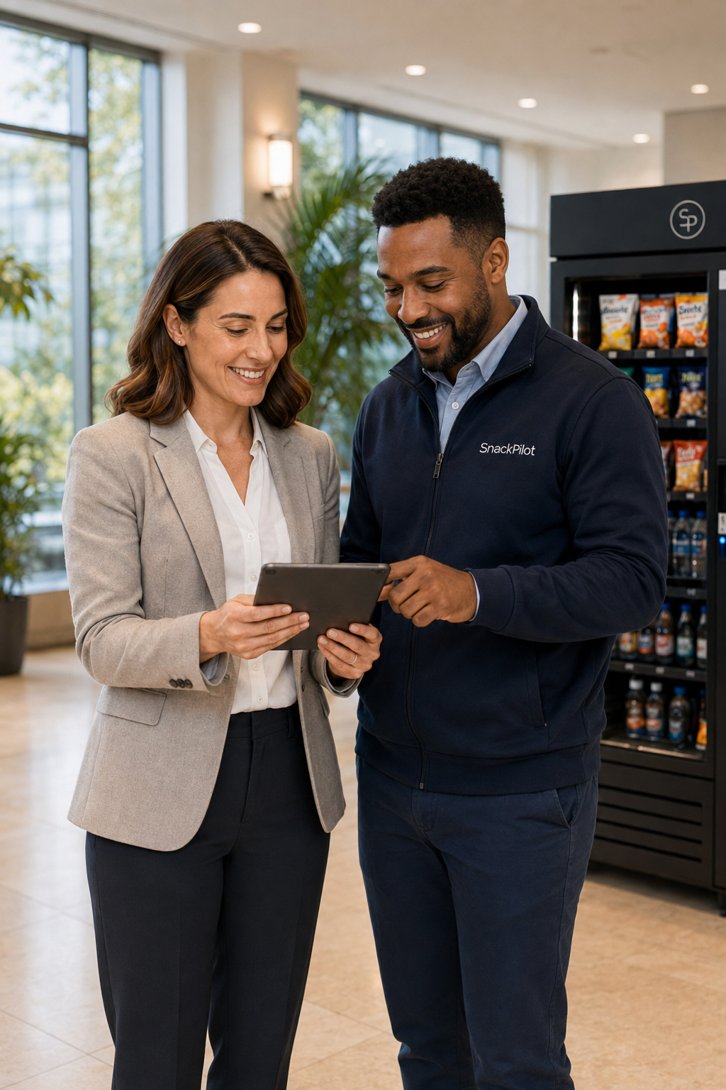 A property manager and a SnackPilot representative reviewing service details