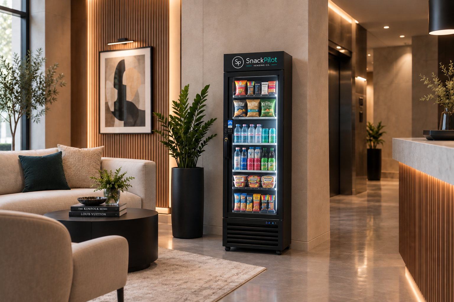 A compact SnackPilot mini smart cooler in a luxury residential lobby