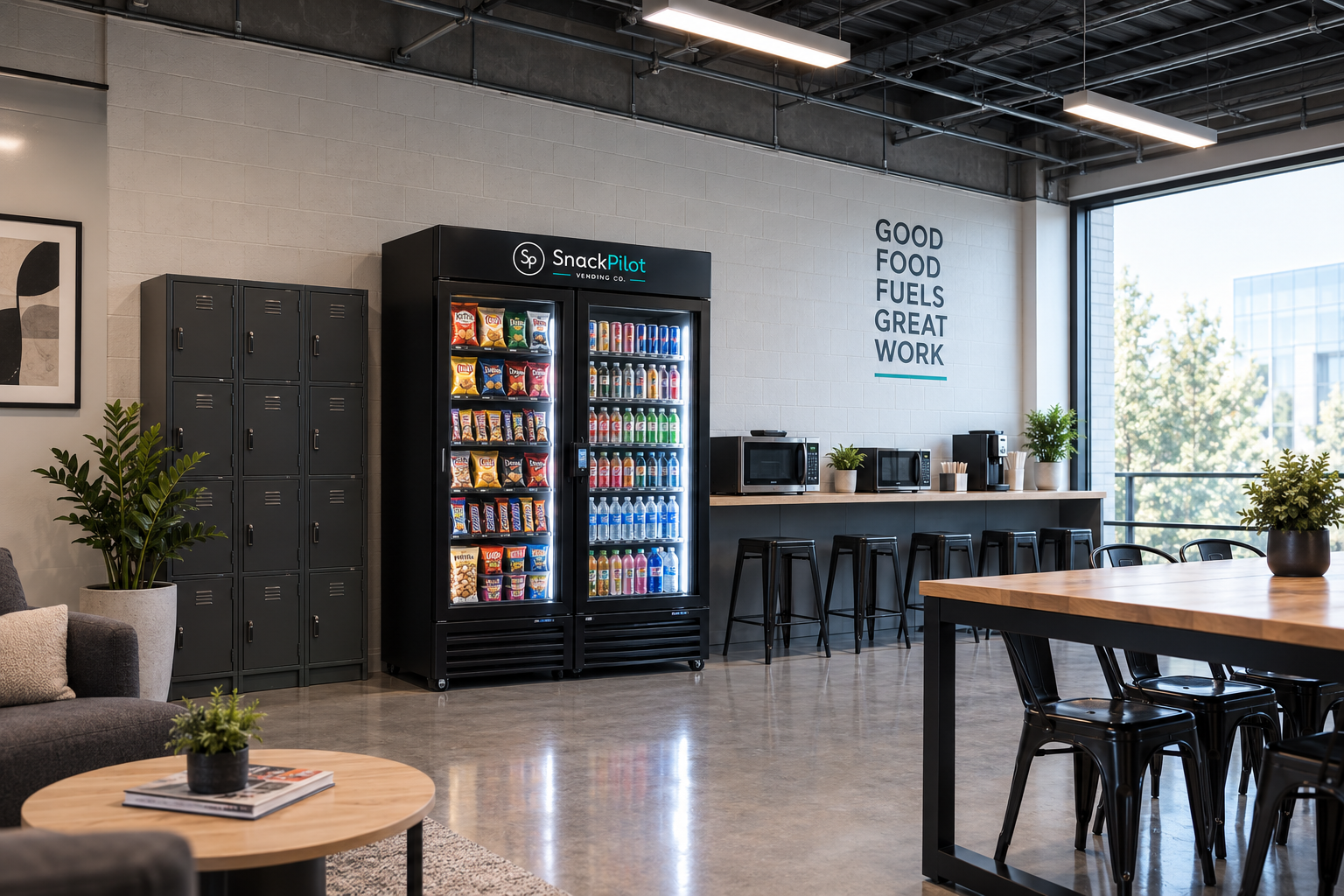 A large-capacity SnackPilot smart cooler in a workplace breakroom