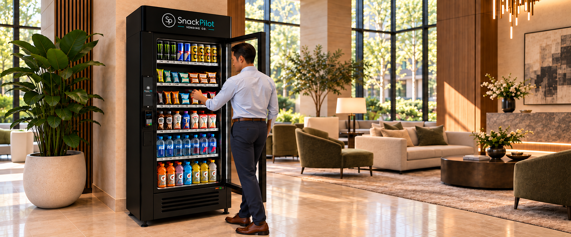 Man opening a SnackPilot smart cooler in a bright lobby