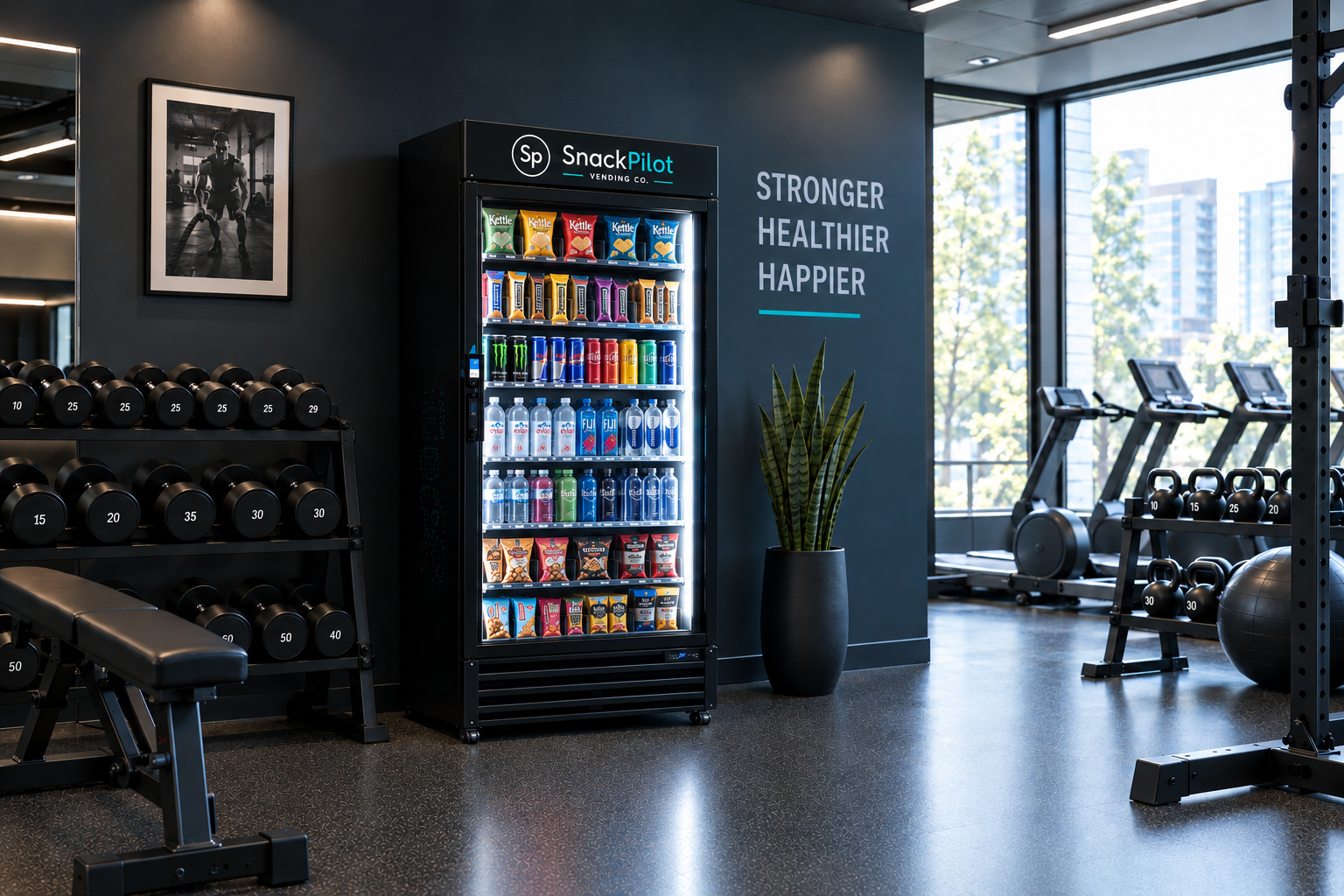 A mid-sized SnackPilot smart cooler in a modern fitness centre